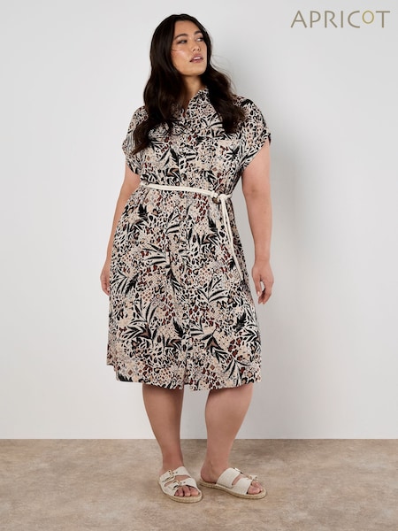 Apricot Natural Animal Print Belt Midi Shirt Dress (E09282) | €59