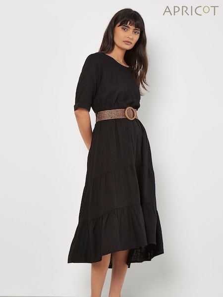 Apricot Black Tiered Plait Belt Dress With Linen (E09295) | €50