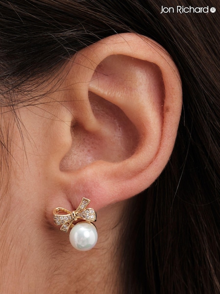 Jon Richard Gold Tone Cubic Zirconia And Pearl Bow Earrings (E09302) | €11