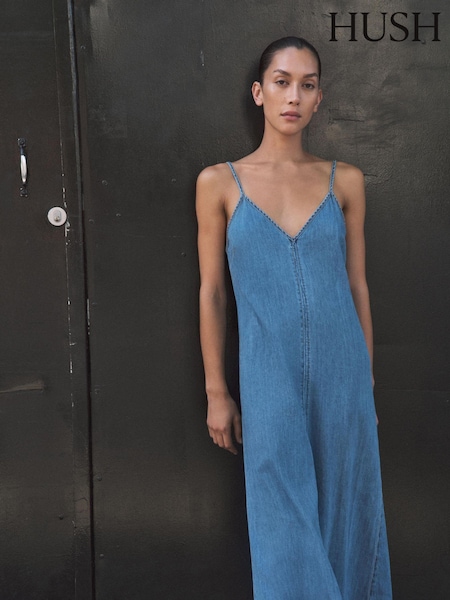Hush Blue 100% Cotton Saskia Denim Slip Maxi Dress (E09376) | €140