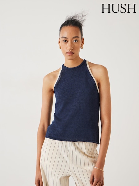 Hush Blue 100% Cotton Keekee Contrast Stitch Knitted Cami Top (E09386) | €43.50