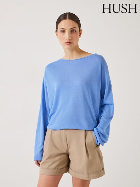 Hush Blue Aarani Open Neck Linen Blend Crew Top (E09388) | €41.50