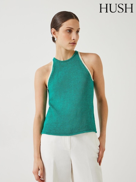 Hush Green 100% Cotton Keekee Contrast Stitch Knitted Cami Top (E09389) | €38
