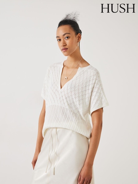 Hush White Adeena Pointelle Stitch Knitted T-Shirt (E09413) | €53