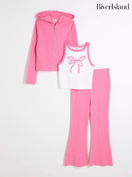River Island Pink Girls 100% Cotton Funnel Zip Up 3 Piece Set (E09784) | € 29