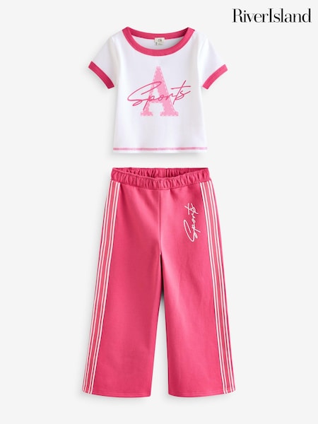 River Island Pink Girls 1998 100% Cotton T-Shirt And Joggers Wide Leg Set (E09788) | €17