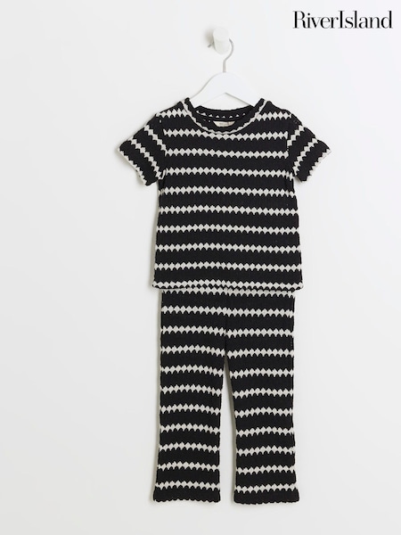 River Island Black Girls Crochet Stripe 100% Cotton Top And Trousers Set (E09789) | AED89