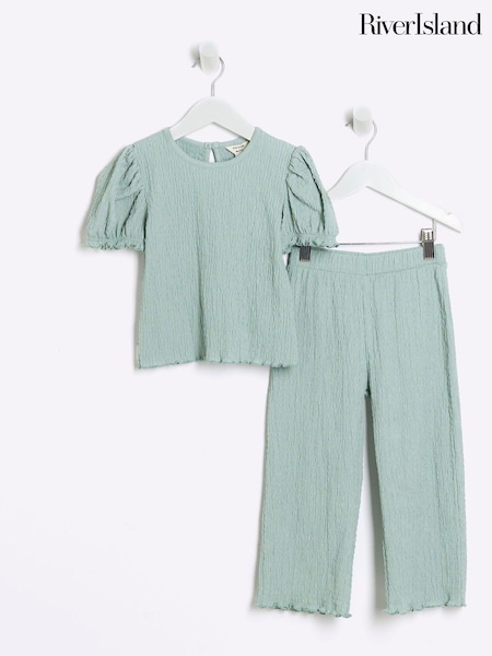 River Island Green Girls Puff Sleeve Textured 100% Cottton Top And Trousers Set (E09791) | AED105