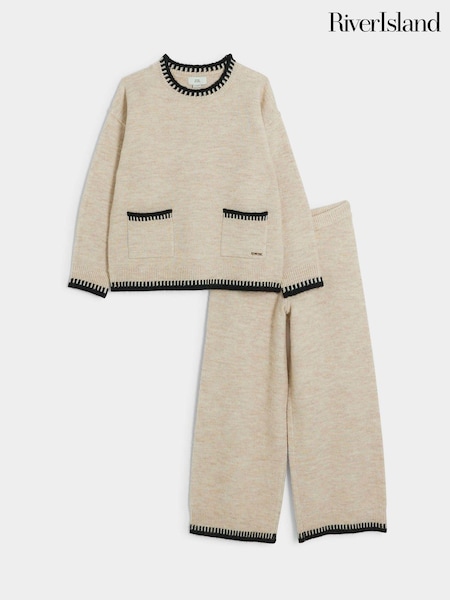 River Island Beige Girls 100% Cotton Whipstitch Sweatshirt And Joggers Set (E09792) | €43 - €57