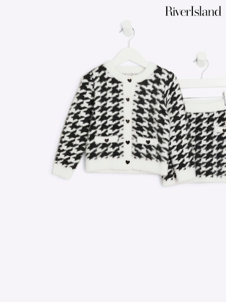 River Island Girls 100% Cotton Dogtooth Fluff Cardigan And Skirt Set (E09807) | €50