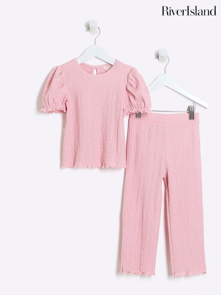 River Island Pink Girls Puff Sleeve Textured 100% Cottton Top And Trousers Set (E09808) | AED105