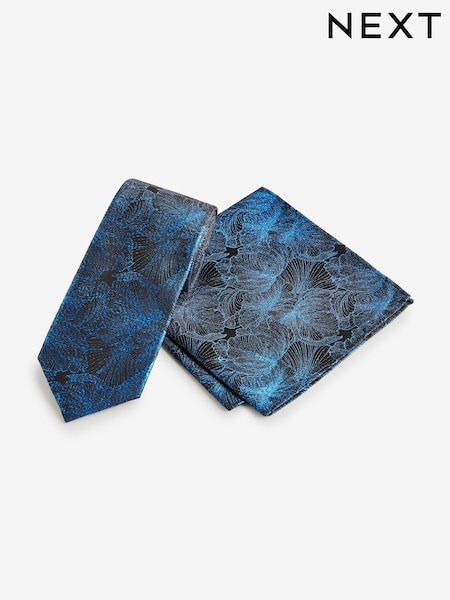 Teal Blue Glitter Thread Floral Slim Tie And Pocket Square Set (E09976) | €8