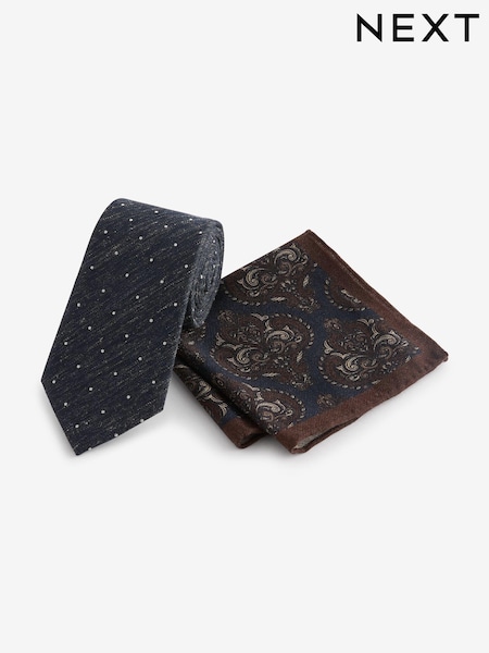 Navy Blue Polka Dot/Paisley Silk Tie And Pocket Square Set (E09980) | €11