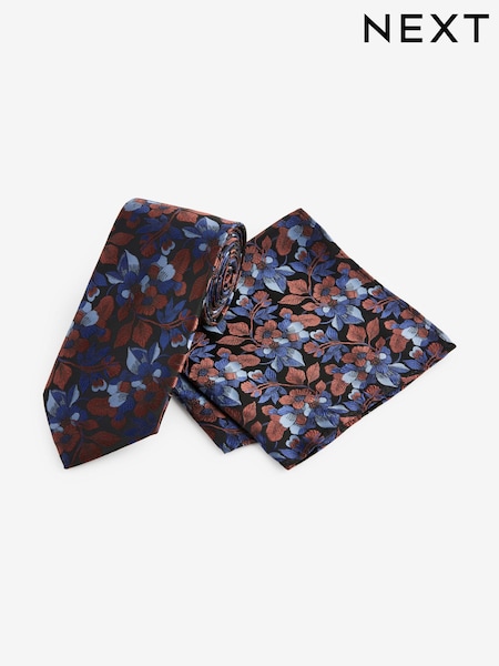 ruosteenpunainen Oranssi/Sininen Kukallinen  - Normaali lahje - Tie And Pocket Square Set (E09986) | €15
