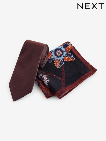 Rust Brown/Floral Silk Tie And Pocket Square Set (E09987) | €12