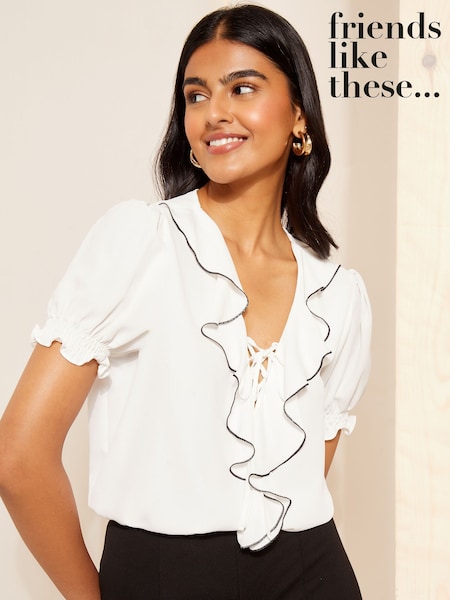 Friends Like These White Tipped Ruffle Front Puff Sleeve Blouse (E10331) | €25