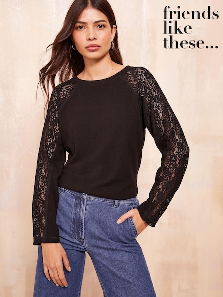 Friends Like These Black Long Sleeve Cosy Lace Trim Blouse (E10365) | €42