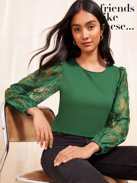 Verde - Friends Like These Jersey Lace Mânecă lungă Bluze (E10369) | 114 LEI