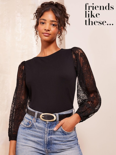 Negru - Friends Like These Jersey Lace Mânecă lungă Bluze (E10382) | 133 LEI