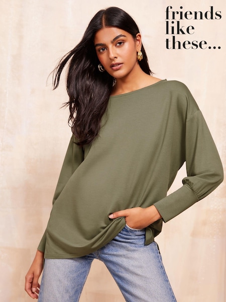 Friends Like These Khaki Green Long Line V Neck Deep Cuff Jersey Tunic (E10385) | € 11