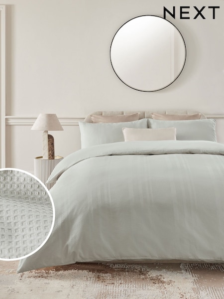 Green Sage 100% Cotton Waffle 300 Thread Count Sateen Duvet Cover and Pillowcase Set (E10392) | €72 - €112