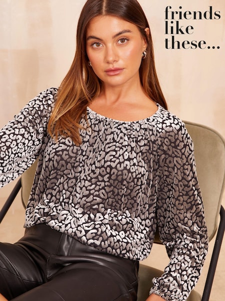 Friends Like These Black Silver Animal Long Sleeve Velvet Elasticated Neck Top (E10448) | AED122