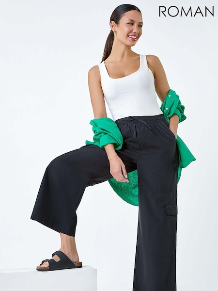 Roman Black 100% Cotton Wide Leg Cargo Trousers (E10495) | €24