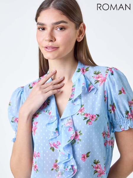 Roman Blue Textured Spot Floral Print Frill Top (E10499) | AED116
