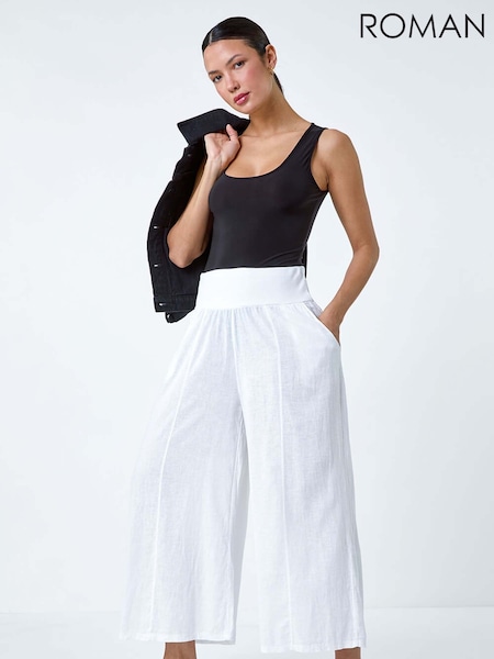 Roman White Linen Blend Stretch Waist Culottes (E10514) | 2,403 UAH