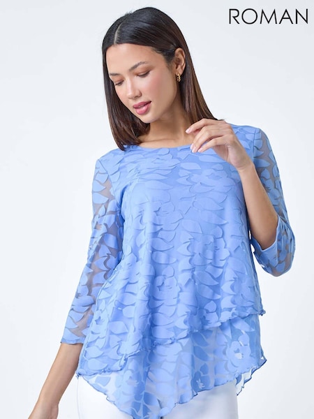 Roman Blue Burnout Leaf Asymmetric Stretch Top (E10523) | 86 QAR