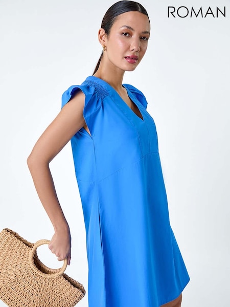 Roman Blue Plain 100% Cotton Frill Sleeve Dress (E10531) | €46