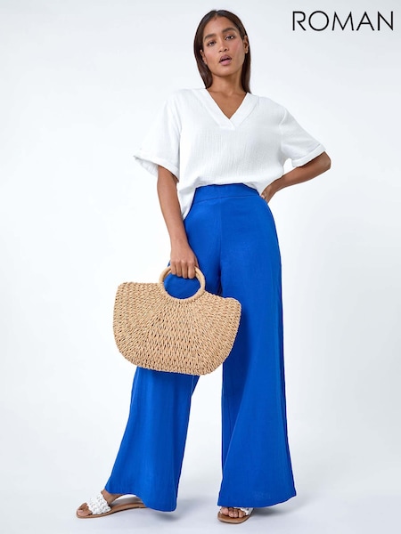 Roman Blue Linen Blend Wide Leg Trousers (E10538) | ₪201