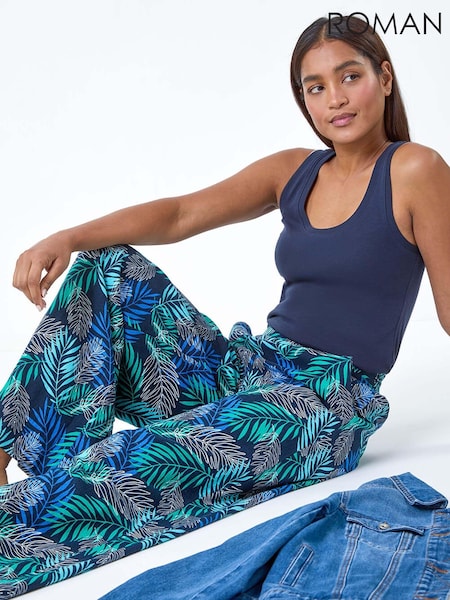 Roman Blue Leaf Linen Blend Wide Leg Trousers (E10541) | ₪201