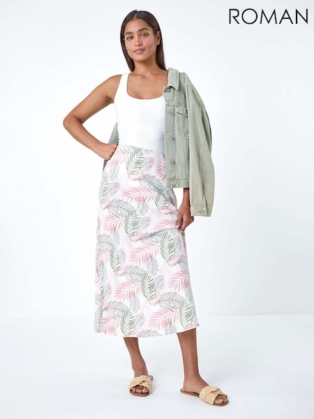 Roman Tropical Print Linen Blend A-Line Skirt (E10544) | 166 LEI