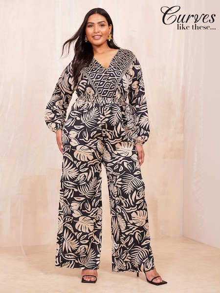 Curves Like These Black/White Long Sleeve Wrap Jumpsuit (E10576) | €35