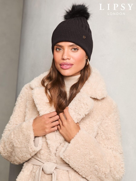 Lipsy Black Cosy Ribbed Bobble Hat With Wool (E10591) | 32 QAR