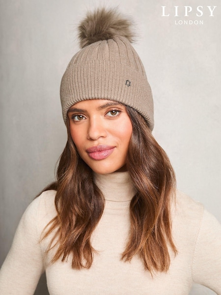 Кремовый - Lipsy Cosy Ribbed Bobble Hat With Wool (E10592) | €6