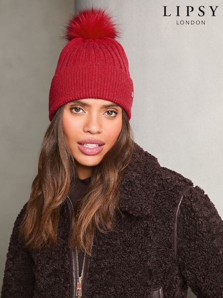 Lipsy Red Cosy Ribbed Bobble Hat With Wool (E10593) | €9
