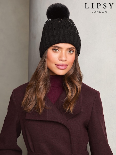 črna - Lipsy Cosy Sequin Embellished Pom Hat (E10601) | € 9