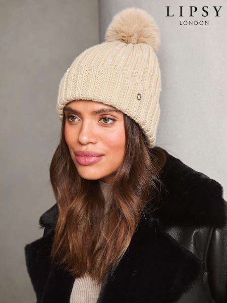 Cream - Lipsy Cosy Sequin Embellished Pom Hat (E10602) | € 9