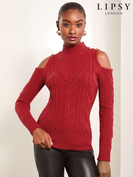 Lipsy Red Cold Shoulder Cable Knitted Jumper (E10690) | €21
