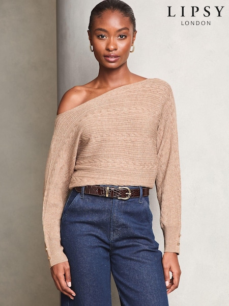 Lipsy Camel Cable Detail Slash Batwing Knitted Jumper (E10693) | €21