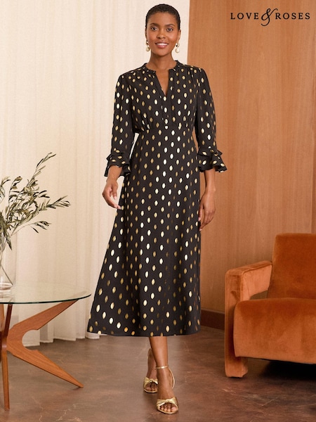 Love & Roses Dash Foil Flute Sleeve Midi Dress (E10710) | 375 LEI
