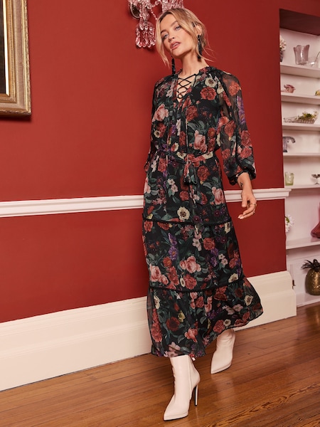 Love & Roses Black Floral 3/4 Sleeve Tie Detail Tiered Midi Dress (E10720) | €38