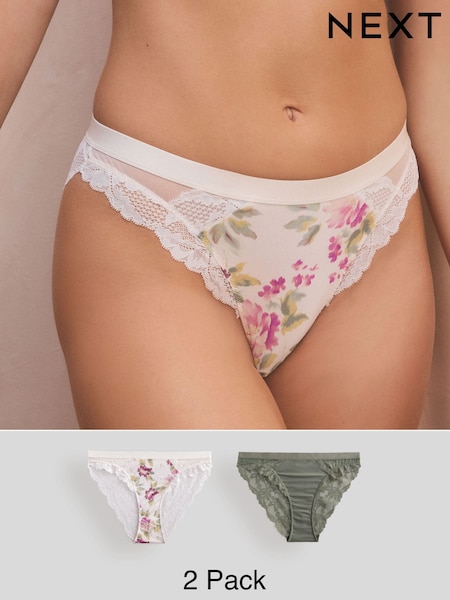 Cream Floral/ Khaki Green High Leg Lace Trim Knickers 2 Pack (E10774) | $28