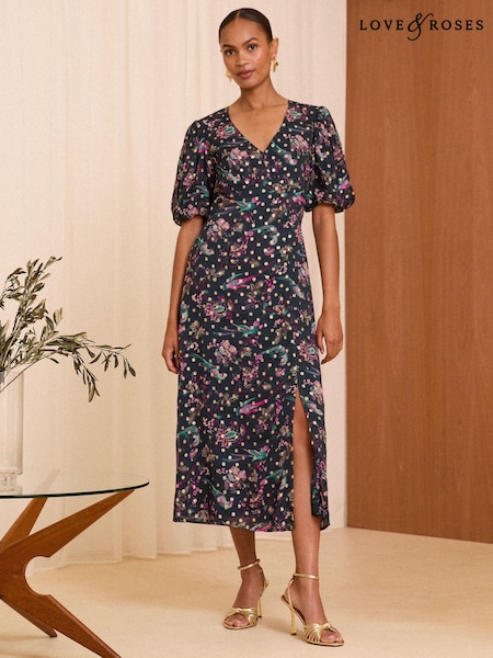 Verde cu model păsări - Love & Roses Metalic Bird Decolteu în V Mânecă bufantă Midi Rochie (E10797) | 265 LEI