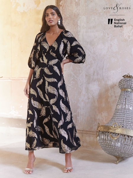 Love & Roses Black Petite Feather Jacquard Puff Sleeve Midi Dress (E10834) | 242 QAR