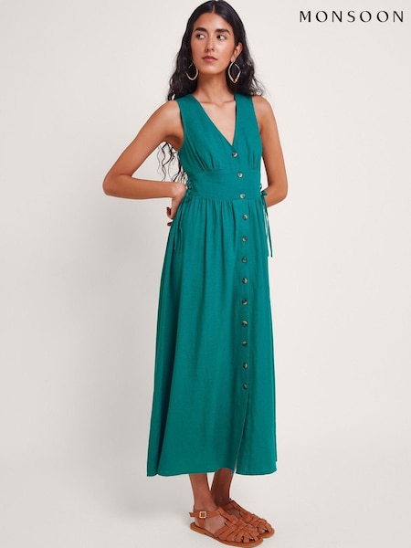 Monsoon Blue Kaya Button Through Dress With Linen (E10867) | €49