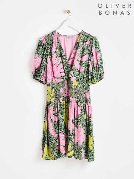 Oliver Bonas Mini Palm Print Shirred Dress (E10893) | 268 LEI