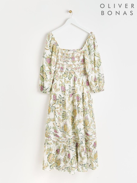 Oliver Bonas White Tropical Paisley Shirred Midi Dress (E10895) | €57